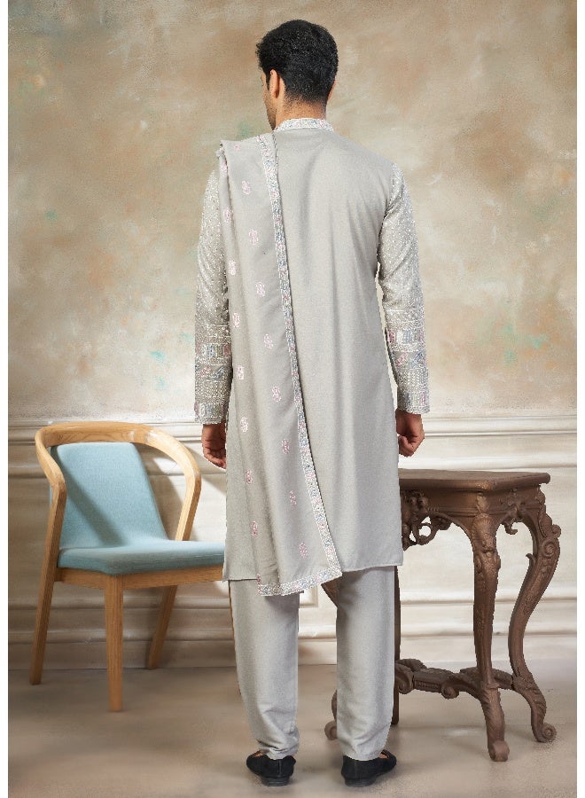 OUTLUK Grey Embroidered Kurta and Pajama Set for Men - Image 2